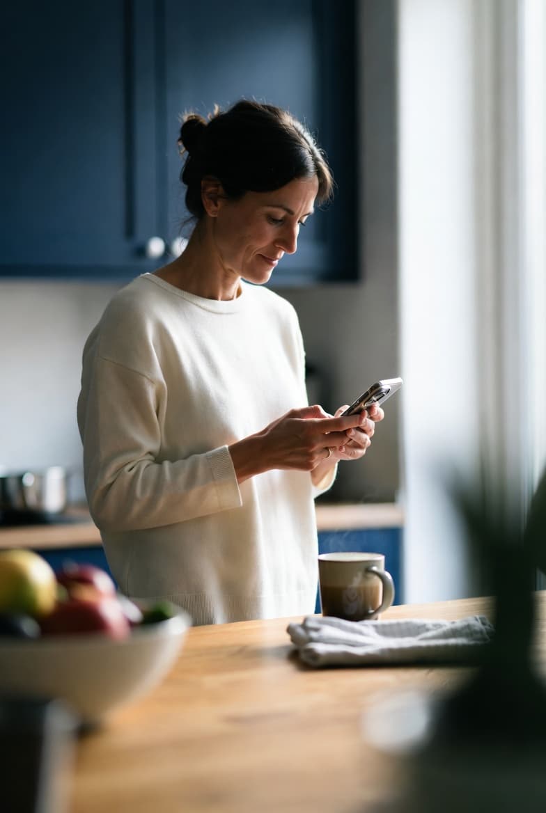 Parent at kitchen counter checking phone